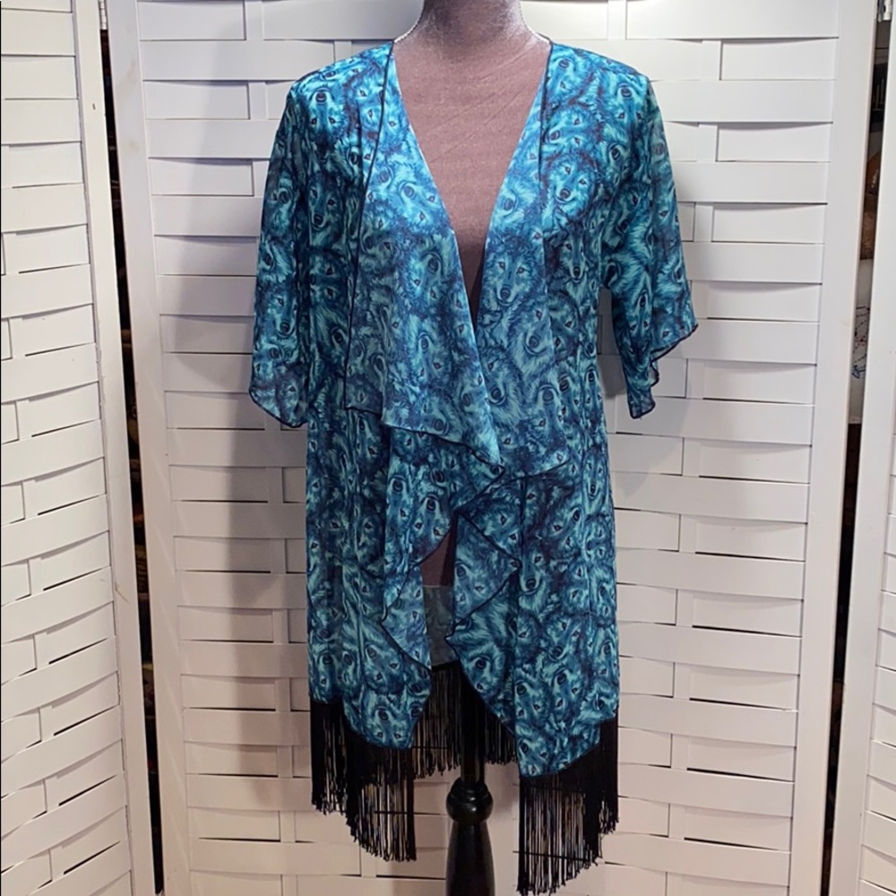 LuLaRoe Teal Wolves Sheer Kimono with black fringe